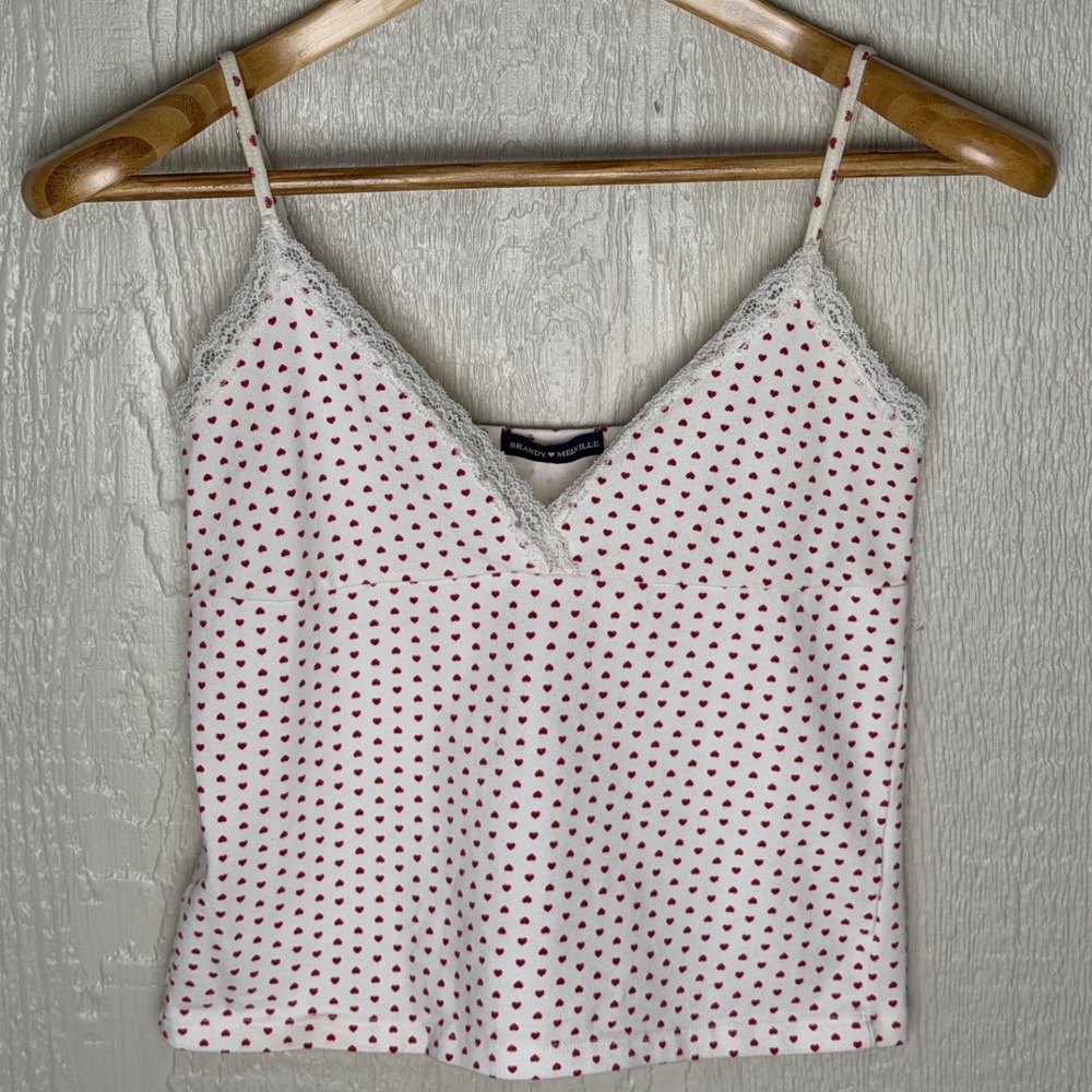 Brandy Melville White Red Heart Lace Trim Camisole Tank Top Adjustable Straps